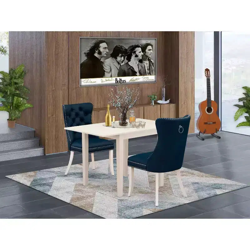 Ensemble de salle à manger 3 pièces HomeStock, dessus rectangulaire en bois massif à rallonges, finition blanc lin