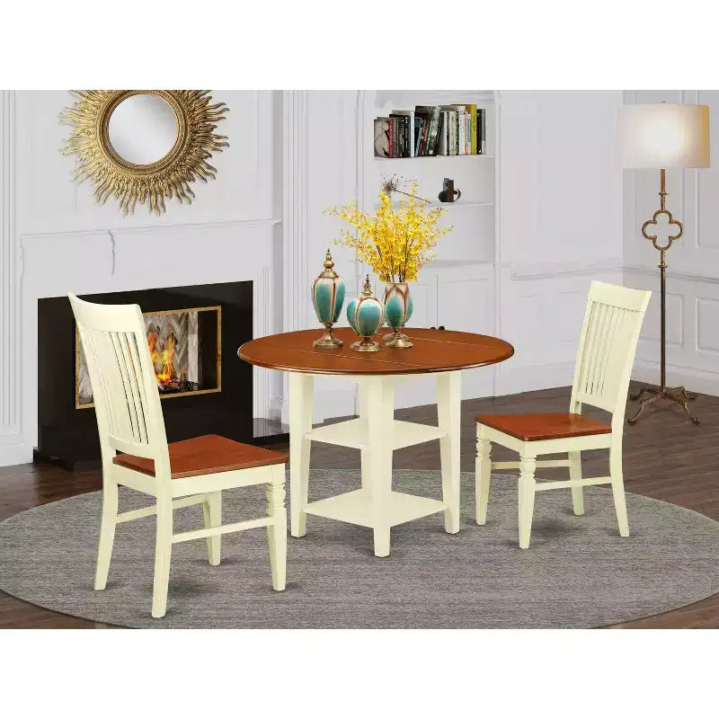 Ensemble de salle à manger 3 pièces HomeStock avec table ronde à plateau en bois massif finition cerisier et couleur crème