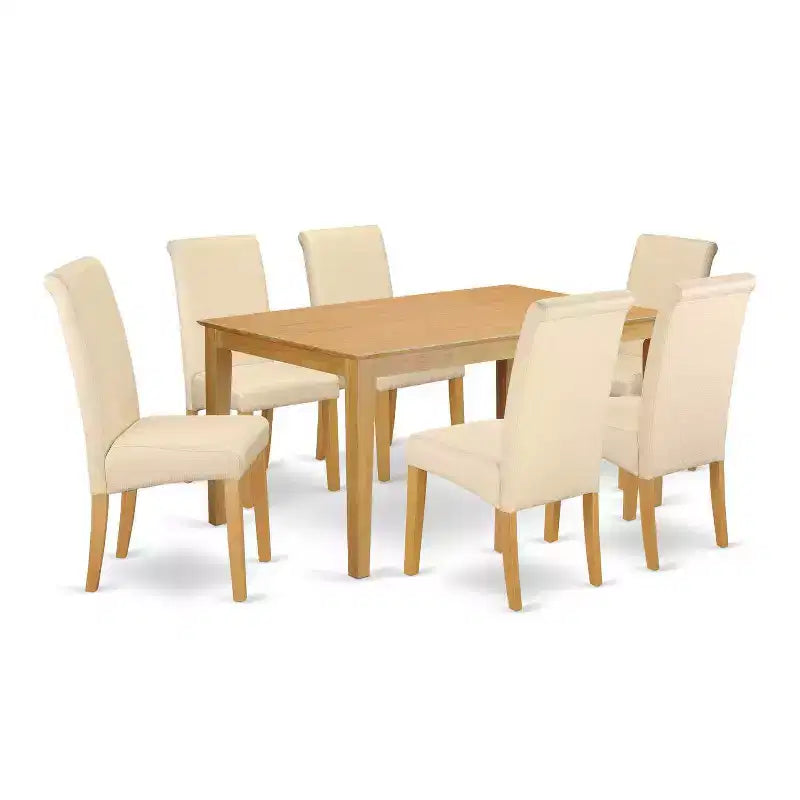 HomeStock 7-Pc Natural Oak Finish Solid Wood Top Dining Table with 6 Parson Chairs