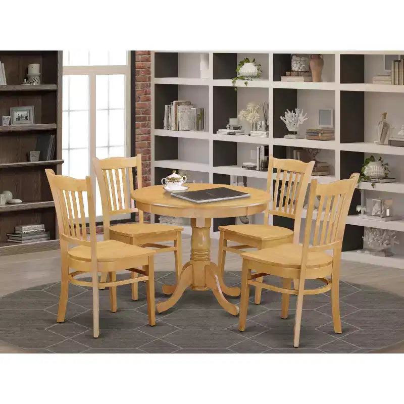 HomeStock Table à manger 5 pièces ronde avec plateau en bois massif et 4 chaises, finition chêne naturel