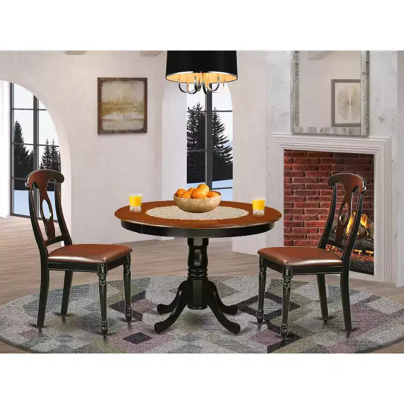 Table de salle à manger HomeStock 3 pièces ronde en bois massif, finition noire et merisier, avec 2 chaises
