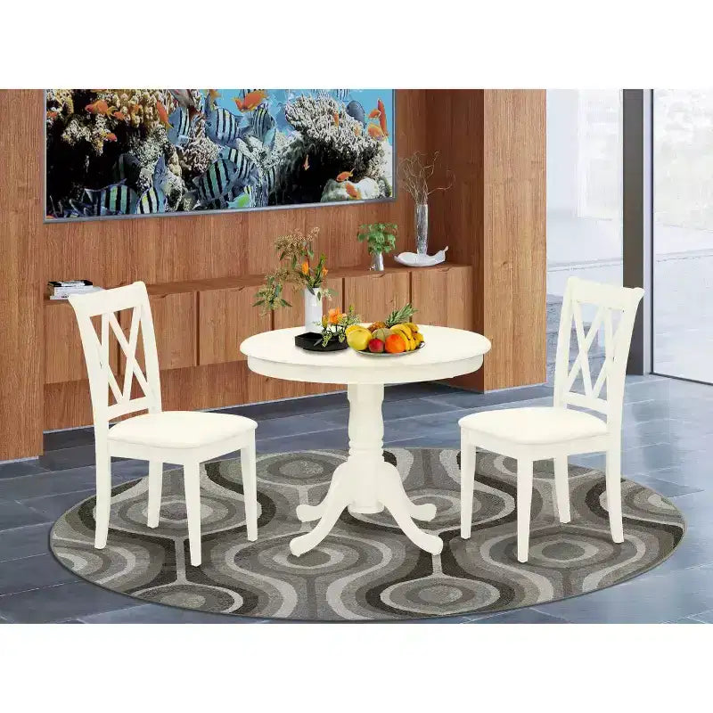 Ensemble dînette 3 pièces – Table de cuisine et 2 chaises de salle à manger – Finition blanc lin – Petite table ronde
