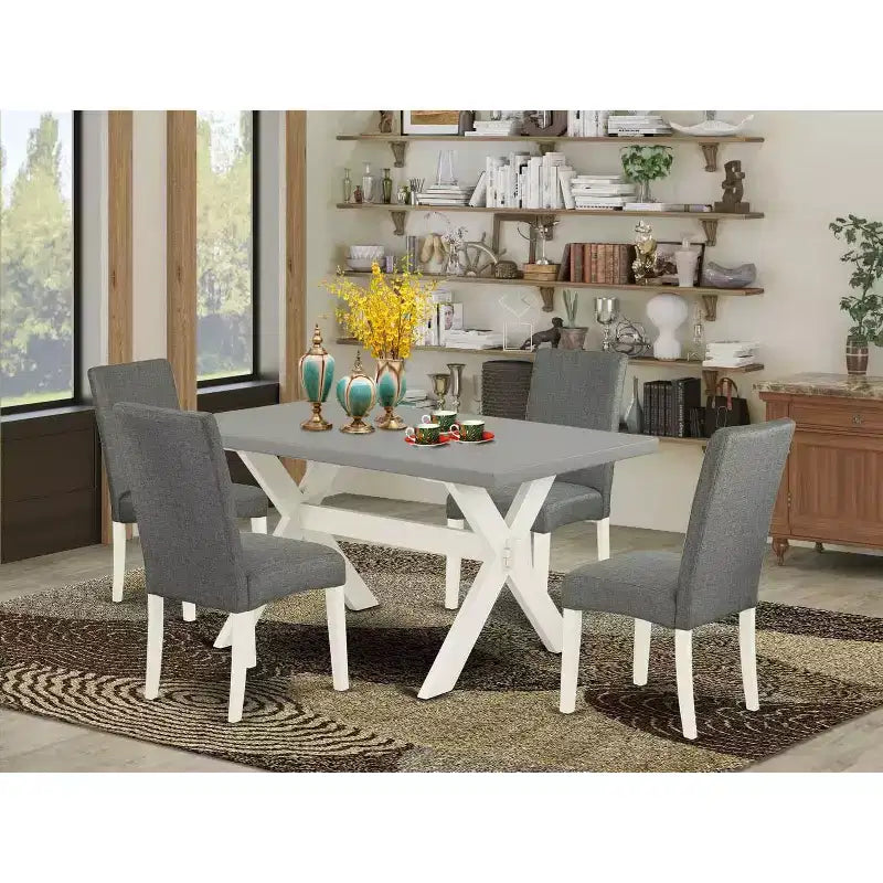 Table à manger 5 pièces rectangulaire avec plateau en bois massif finition chêne naturel et 4 chaises avec