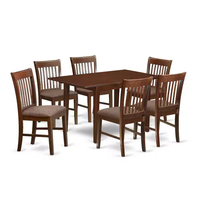 Antique Dining Room Set - 7 Piece Table & Chair Set - Rectangle Wood Table with Leaf & Linen Chairs