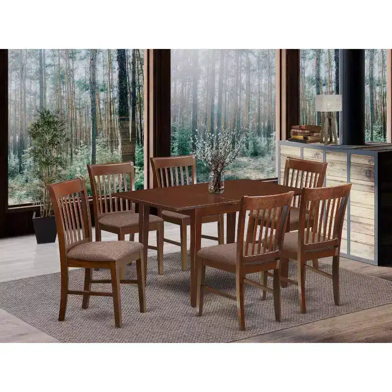 Ensemble de salle à manger antique - Table et chaises 7 pièces - Table rectangulaire en bois avec rallonge et chaises en lin