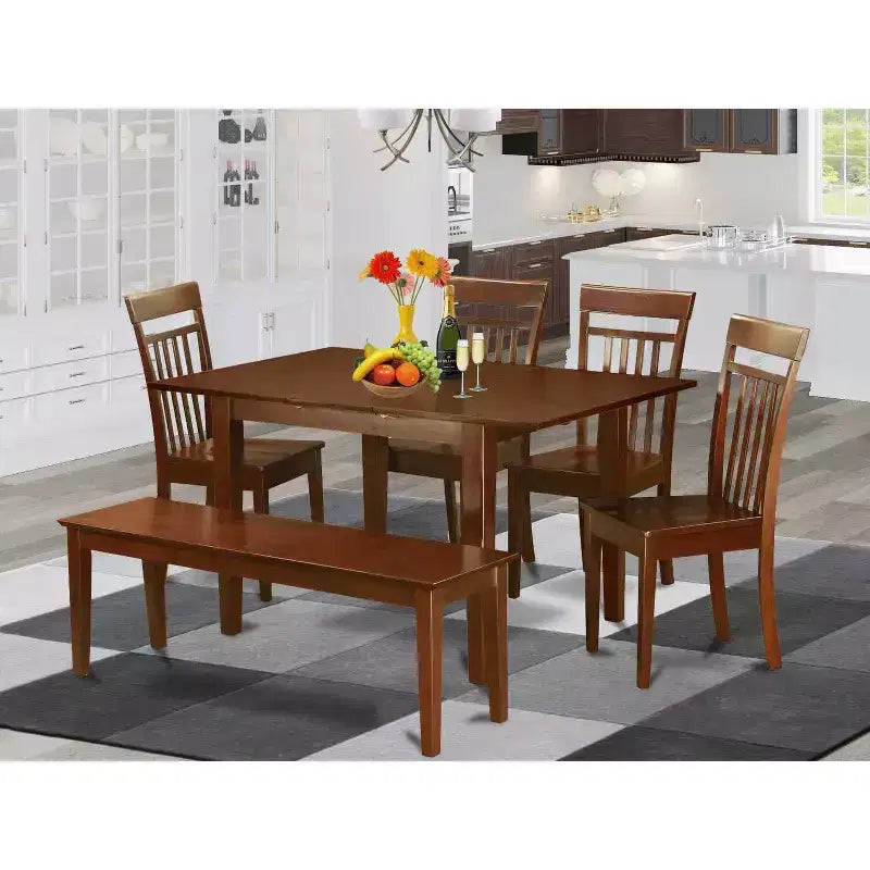 Ensemble de salle à manger asiatique - Ensemble table et chaises 6 pièces - Table de cuisine en bois massif avec banc