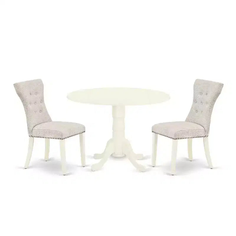 3-Piece Linen white Solid Wood Top - Round Dining Room Set - Seats 4