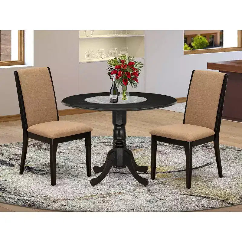 Ensemble de salle à manger rond 3 pièces en bois massif noir brossé – 4 places