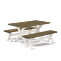 HomeStock 3-Piece Rectangle Distressed Jacobean Finish Solid Wood Top Dining Table with 2-Benches