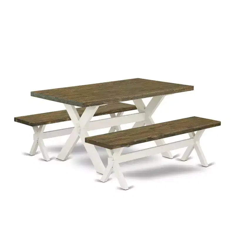 HomeStock 3-Piece Rectangle Distressed Jacobean Finish Solid Wood Top Dining Table with 2-Benches