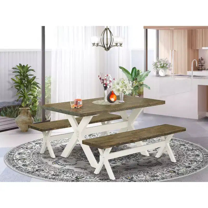 Table à manger 3 pièces HomeStock avec plateau en bois massif finition jacobéenne vieillie et 2 bancs