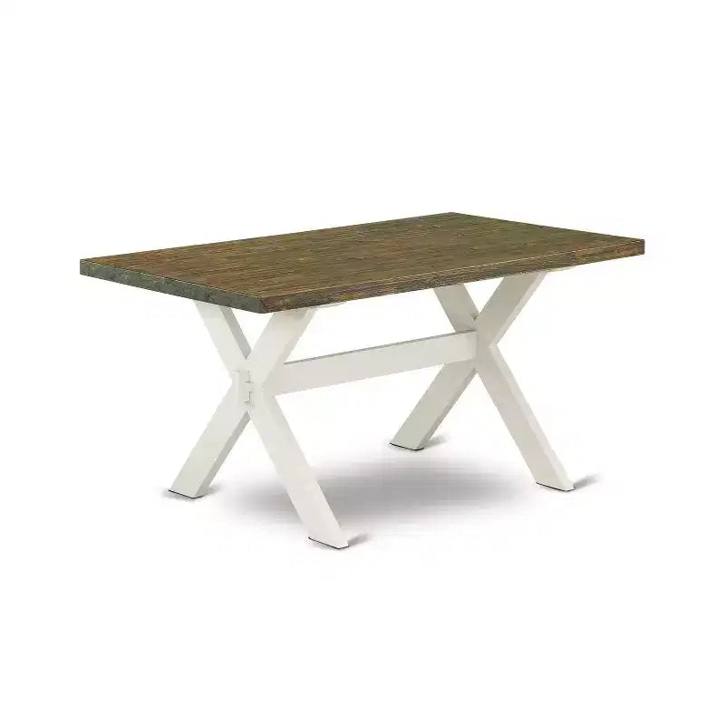 Table à manger 3 pièces HomeStock avec plateau en bois massif finition jacobéenne vieillie et 2 bancs