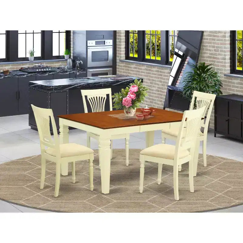 Ensemble table à manger 5 pièces HomeStock en bois massif finition cerisier et crème avec 4 chaises