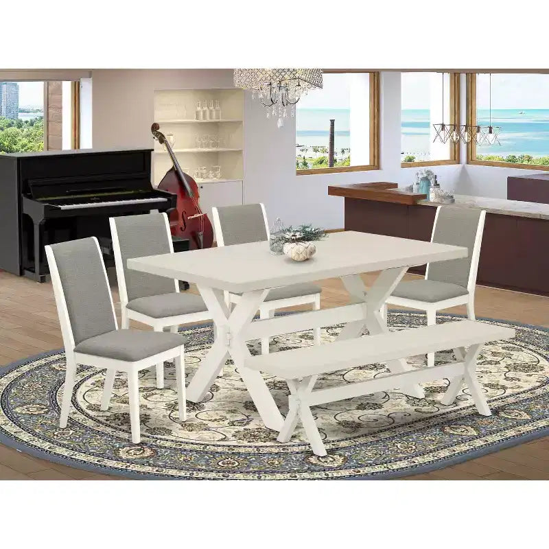 HomeStock – Table à manger 6 pièces avec plateau en bois massif finition chêne naturel, 1 banc et 4 chaises