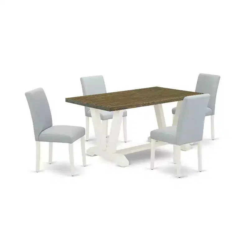 HomeStock 5-Pc Rectangle Natural Oak Finish Solid Wood Top Dining Table with 4 Upholstered Chairs