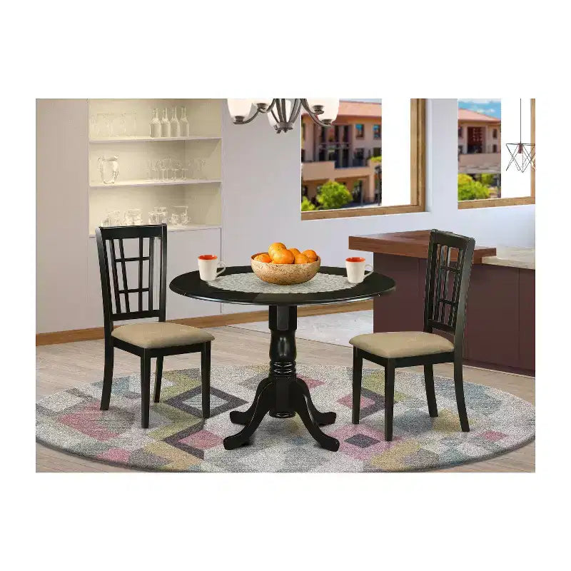 Ensemble de salle à manger rétro 3 pièces - Table ronde et 2 chaises en lin - Table de cuisine de 107 cm