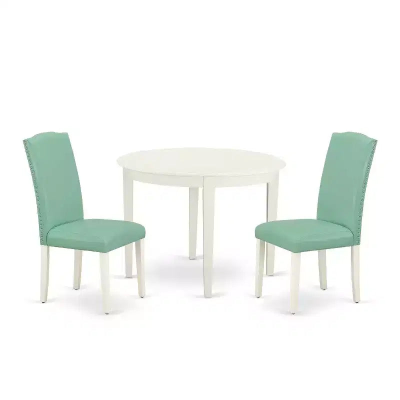 Round Dining Table Set 3pc French Country Kitchen Table & Chairs Linen White Legs Pond PU Leather