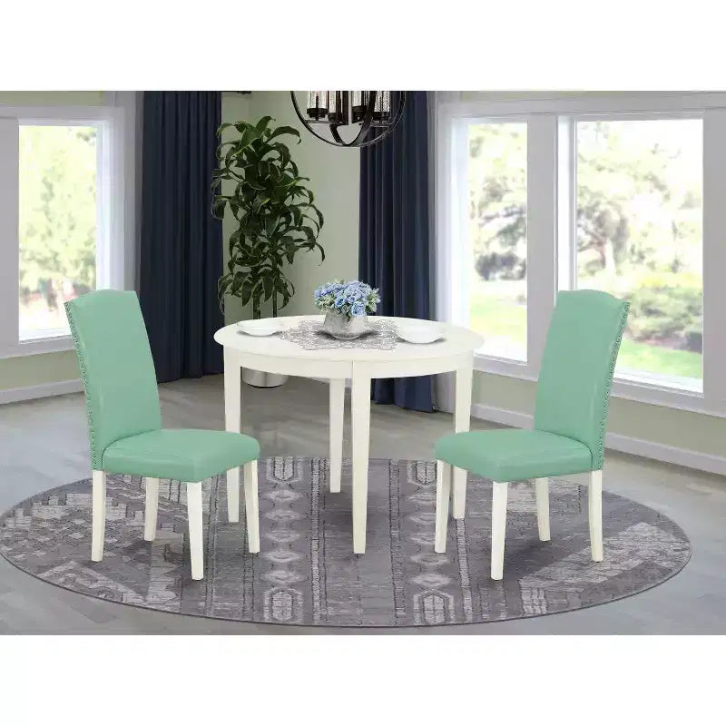 Ensemble table à manger ronde 3 pièces, style campagnard français, table et chaises, pieds blanc lin, cuir PU Pond