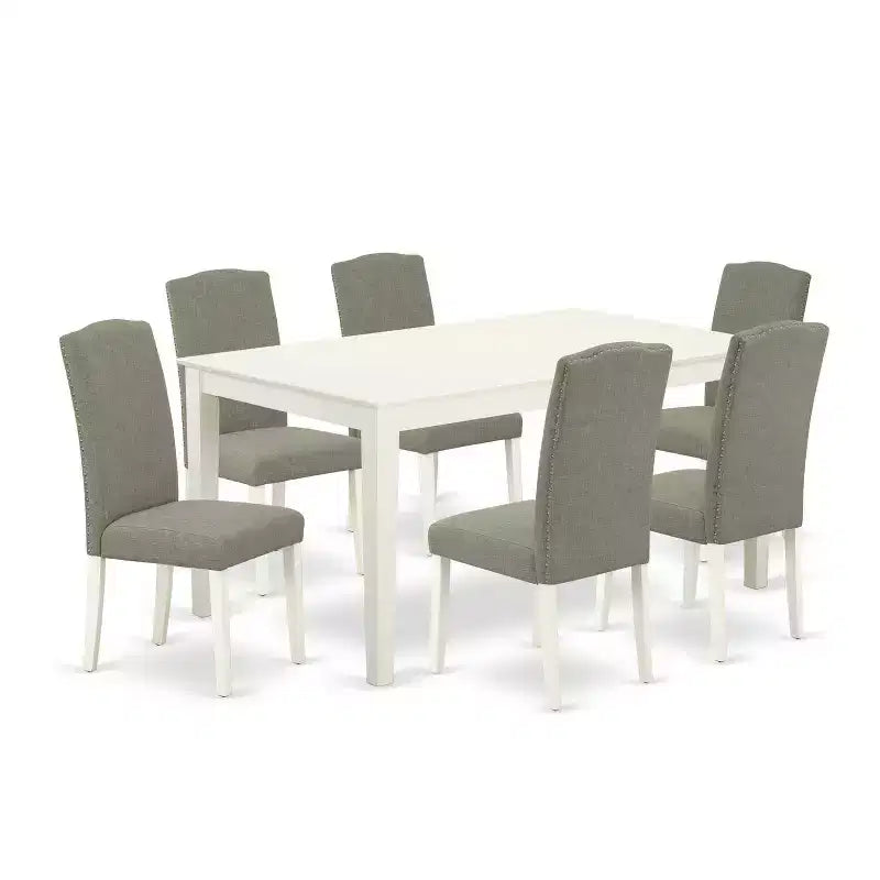 HomeStock 7-Piece Rectangle Linen White Finish Solid Wood Top Dining Table with 6 Parson-Chairs