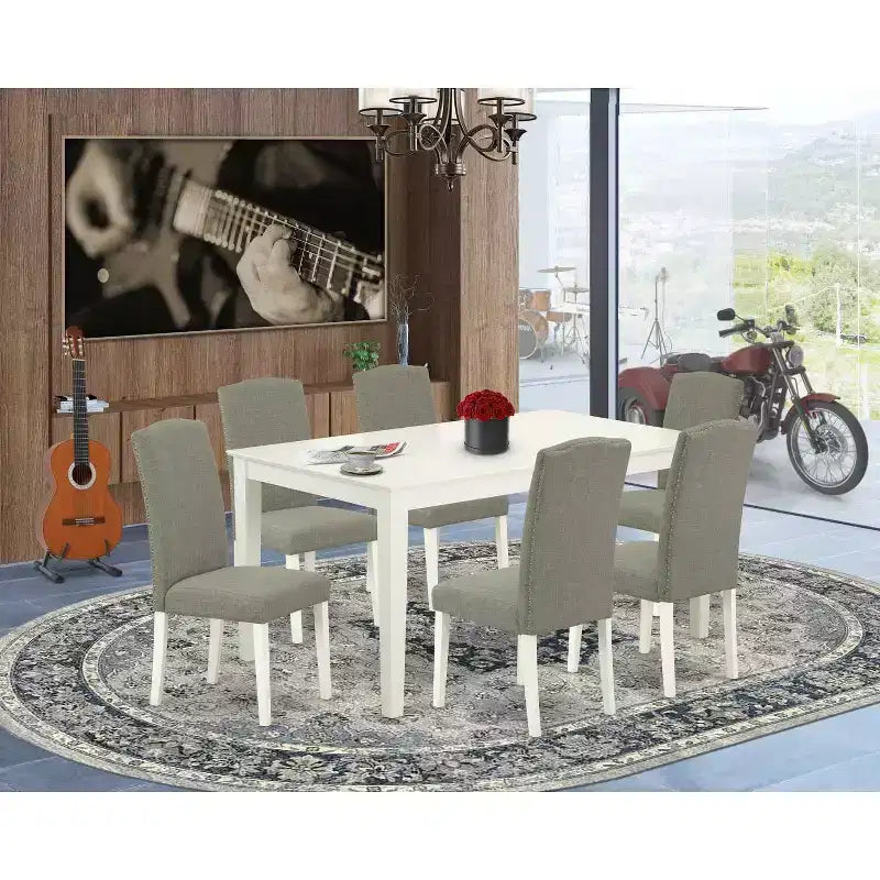 HomeStock Table de salle à manger 7 pièces rectangulaire en lin blanc, plateau en bois massif, avec 6 chaises Parson