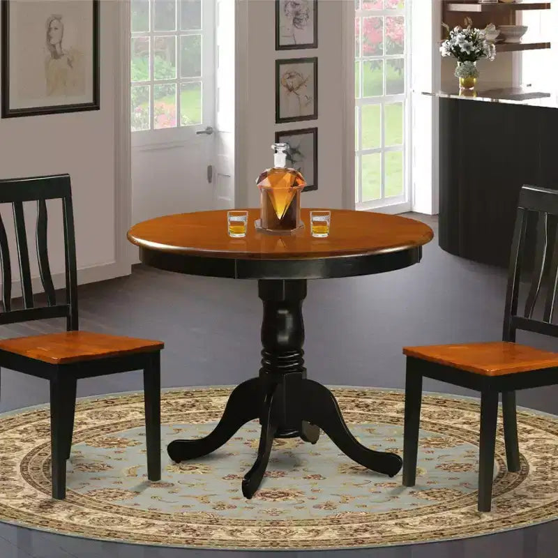 Table à manger ronde 3 pièces avec plateau en bois massif au fini noir et 2 chaises avec