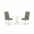 3-Piece Linen White Finish Solid Wood Top - Round Button Tufted Dining Room Set - Seats 4