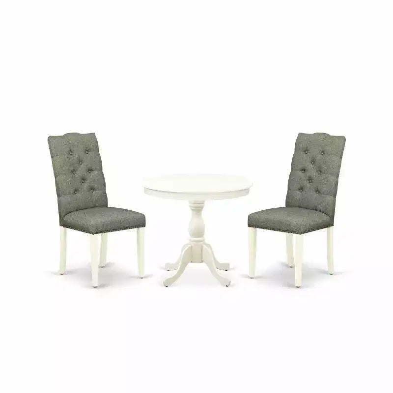 3-Piece Linen White Finish Solid Wood Top - Round Button Tufted Dining Room Set - Seats 4