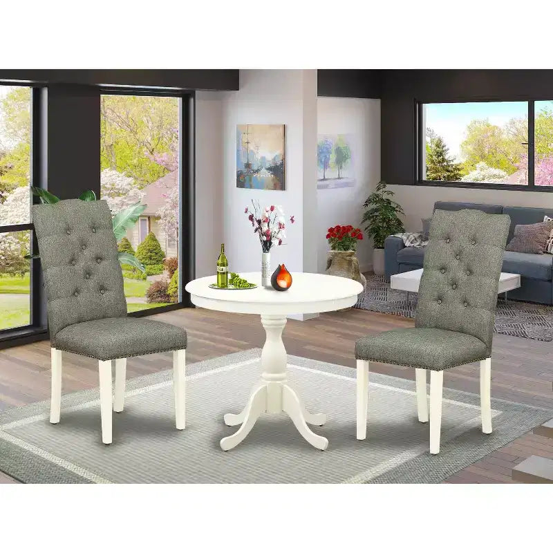 Ensemble de salle à manger 3 pièces en lin blanc avec dessus en bois massif – Boutons touffetés ronds – 4 places