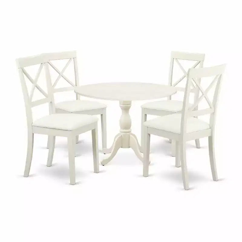 HomeStock 5-Piece Linen White Finish Solid Wood Top Dining table with 4-Chairs with Drop Leaf Lattice Back