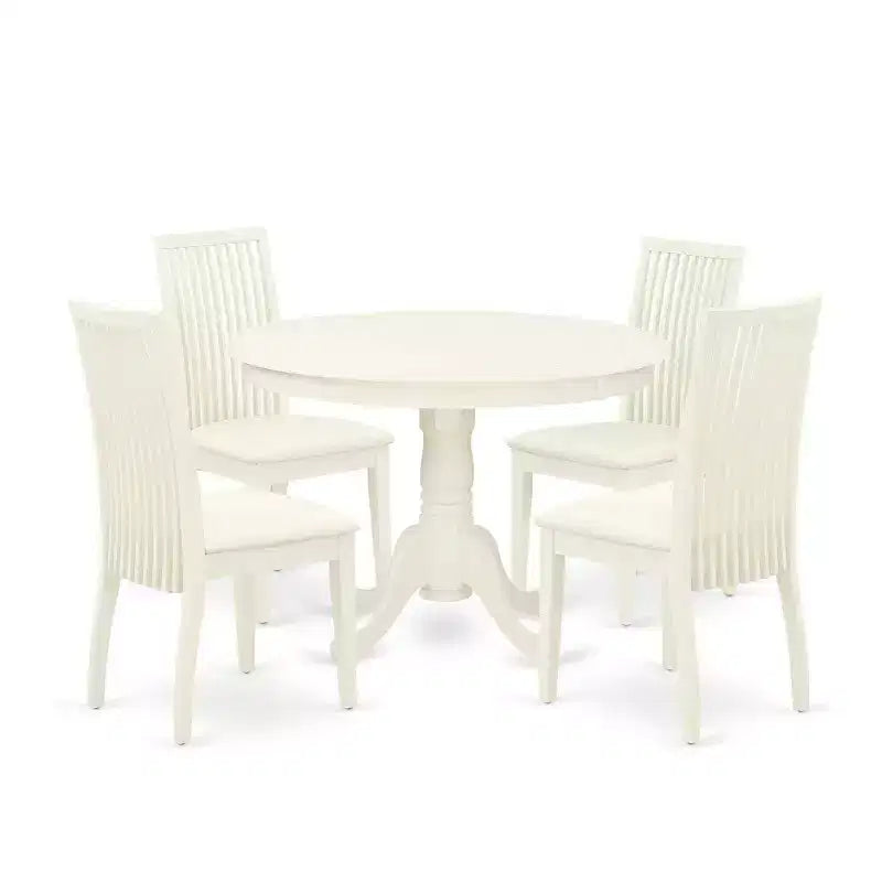 HomeStock 5-Piece Round Linen White Finish Solid Wood Top Dining table with 4 Chairs