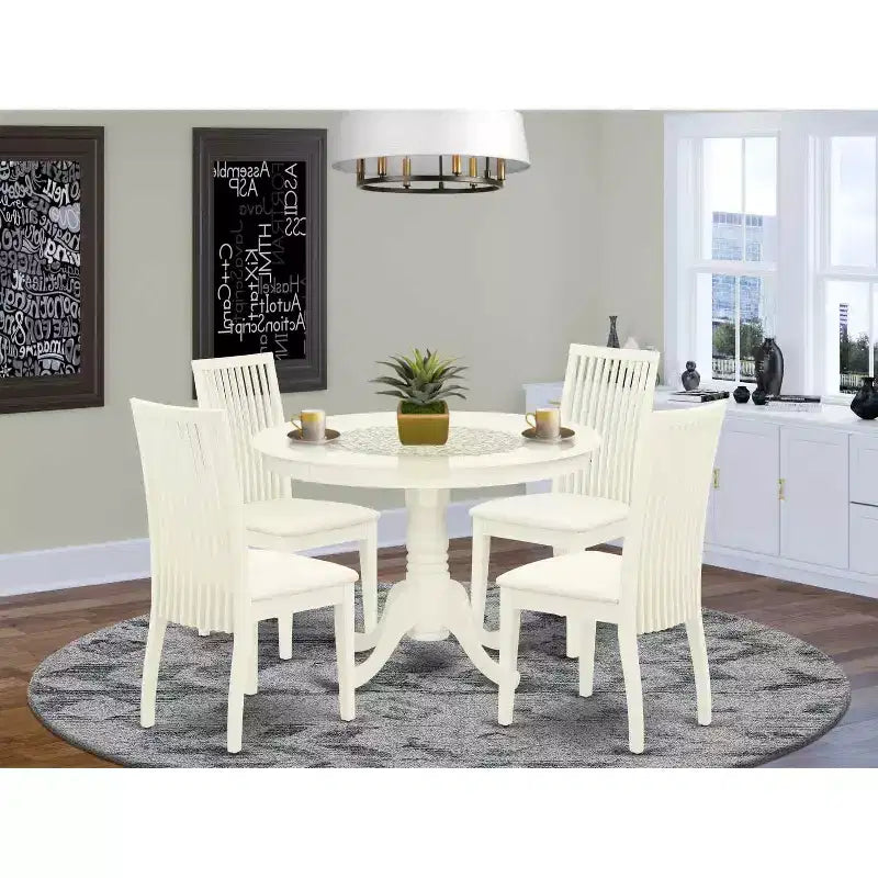HomeStock Table à manger ronde 5 pièces en lin blanc avec plateau en bois massif et 4 chaises