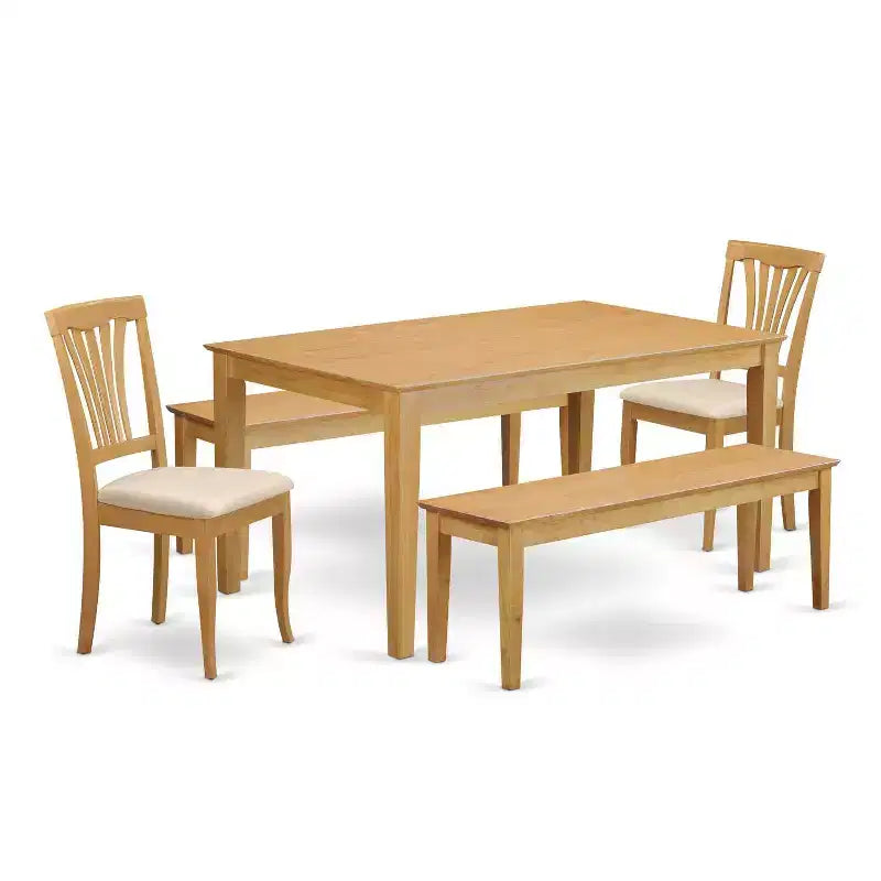 HomeStock 5-Piece Rectangle Natural Oak Finish Solid Wood Top Dining Table with 2 Benches, 2 Chairs