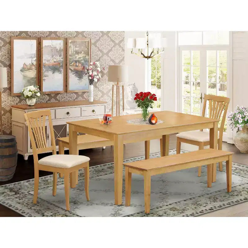 HomeStock Ensemble de 5 meubles de salle à manger, comprenant une table rectangulaire avec plateau en bois massif finition chêne naturel, 2 bancs et 2 chaises