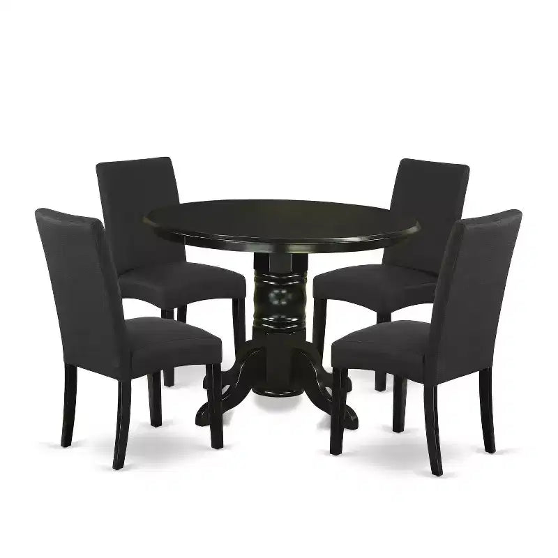 HomeStock 5-Piece Round Black Finish Solid Wood Top Dining Table with 4-Parson Chair