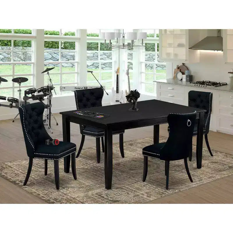 Ensemble de salle à manger rectangulaire 5 pièces en bois massif finition noire - 4 places