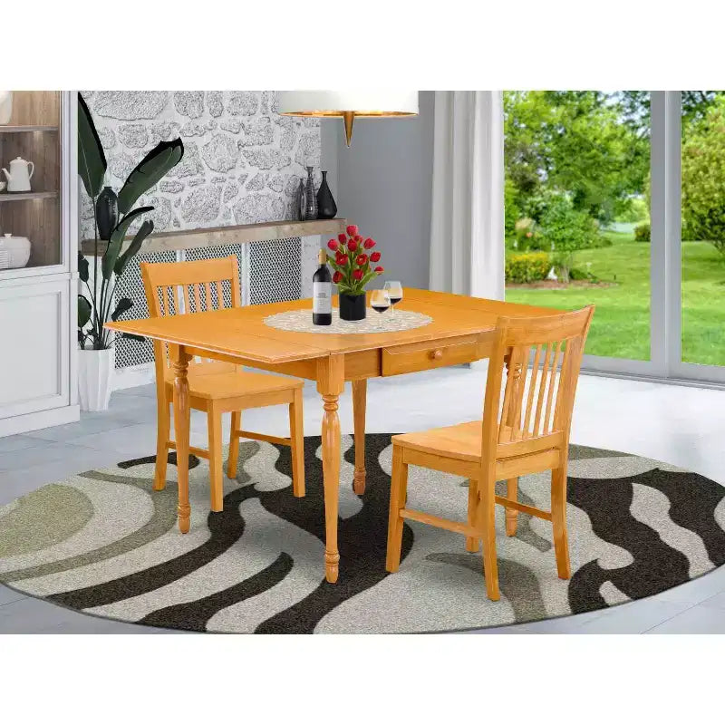Ensemble de salle à manger 3 pièces HomeStock avec plateau en bois massif finition chêne brun naturel et table à rallonge