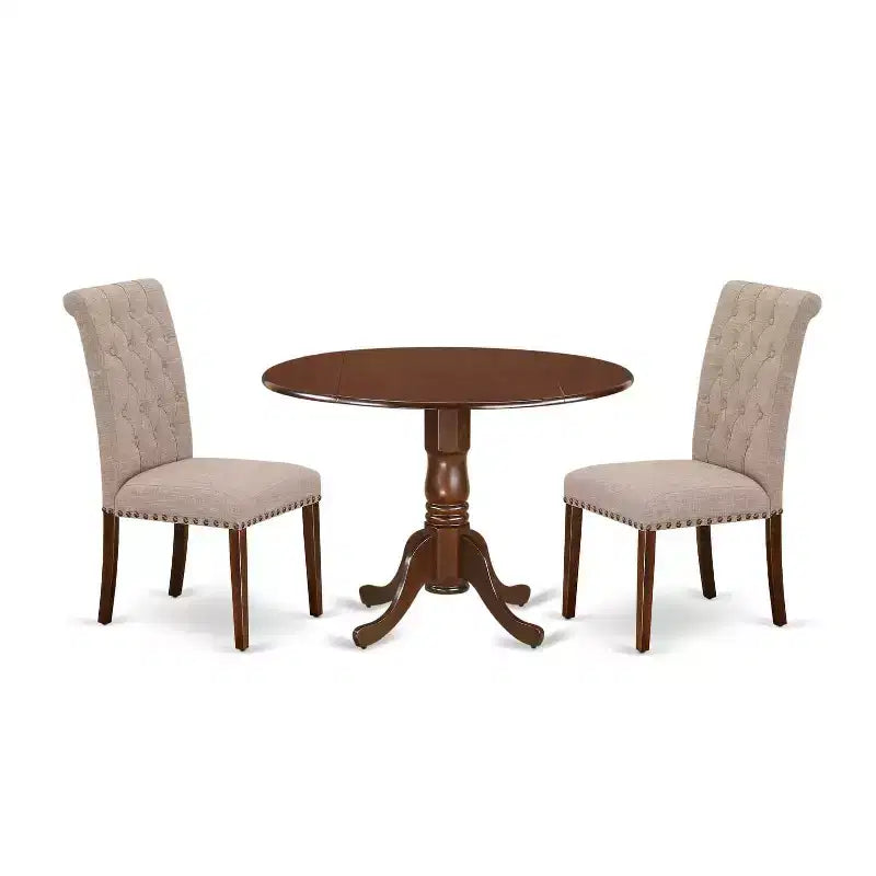 HomeStock 3-Piece Round Mahogany Finish Solid Wood Top Dining Table with 2 Parson Chairs with Drop Leaf