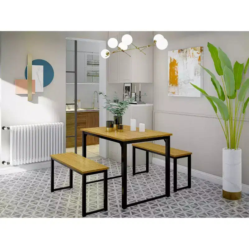 Ensemble de salle à manger 3 pièces HomeStock avec plateau stratifié en bois massif, finition noire et marron - 1 table et 2 bancs en revêtement en poudre