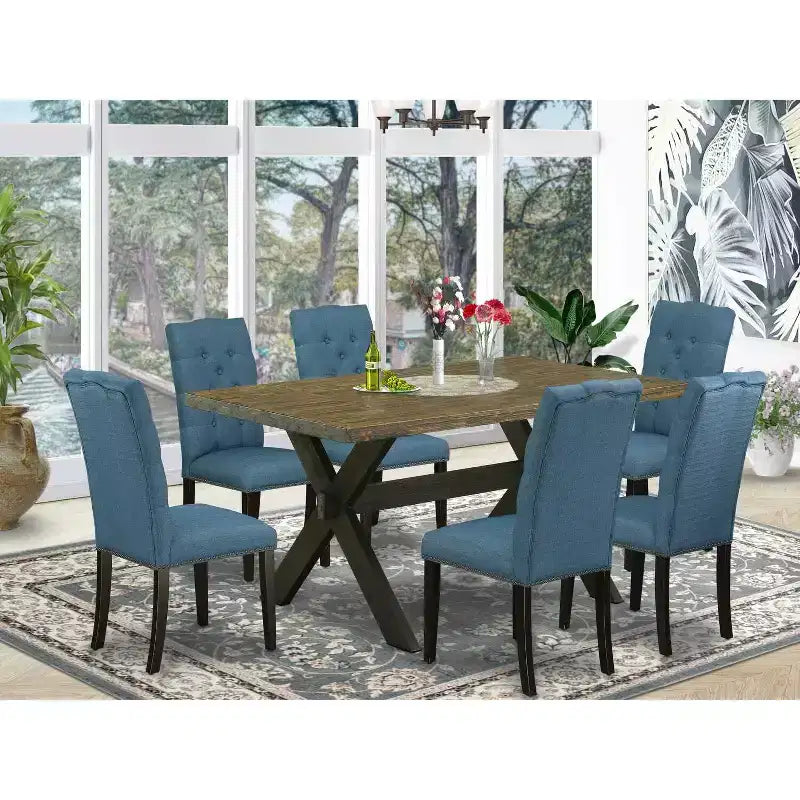 Table à manger 7 pièces en bois massif finition jacobéenne vieillie avec 6 chaises avec
