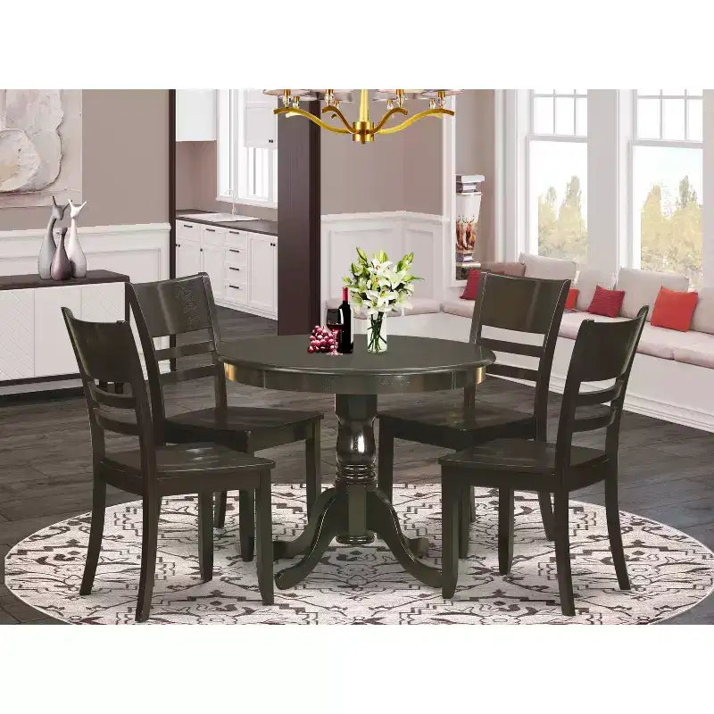 Table de salle à manger 5 pièces ronde avec plateau en bois massif finition cappuccino et 4 chaises avec
