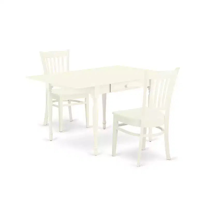 HomeStock 3-Pc Linen White Finish Solid Wood Top With Dropleaf Dining Table Set