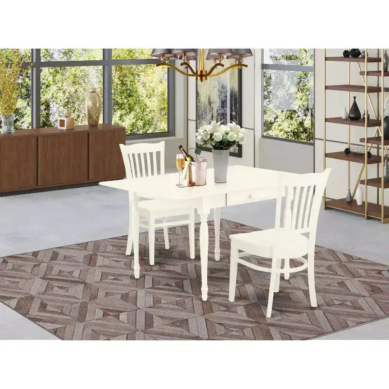 Ensemble de salle à manger 3 pièces HomeStock avec plateau en bois massif finition blanc lin et rallonge rabattable
