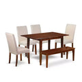 Rustic Dining Set 6 Piece - Kitchen Table with Leaf & 4 Linen Chairs, Bench - 32x60 Inch