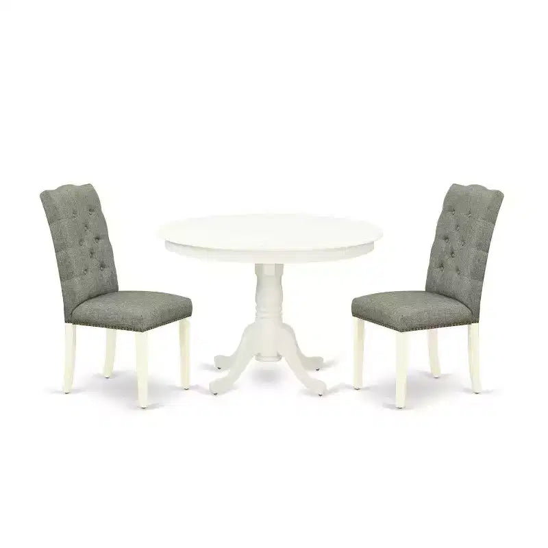 3-Piece Linen White Finish Solid Wood Top-Round Dining Room Set-Seats 4