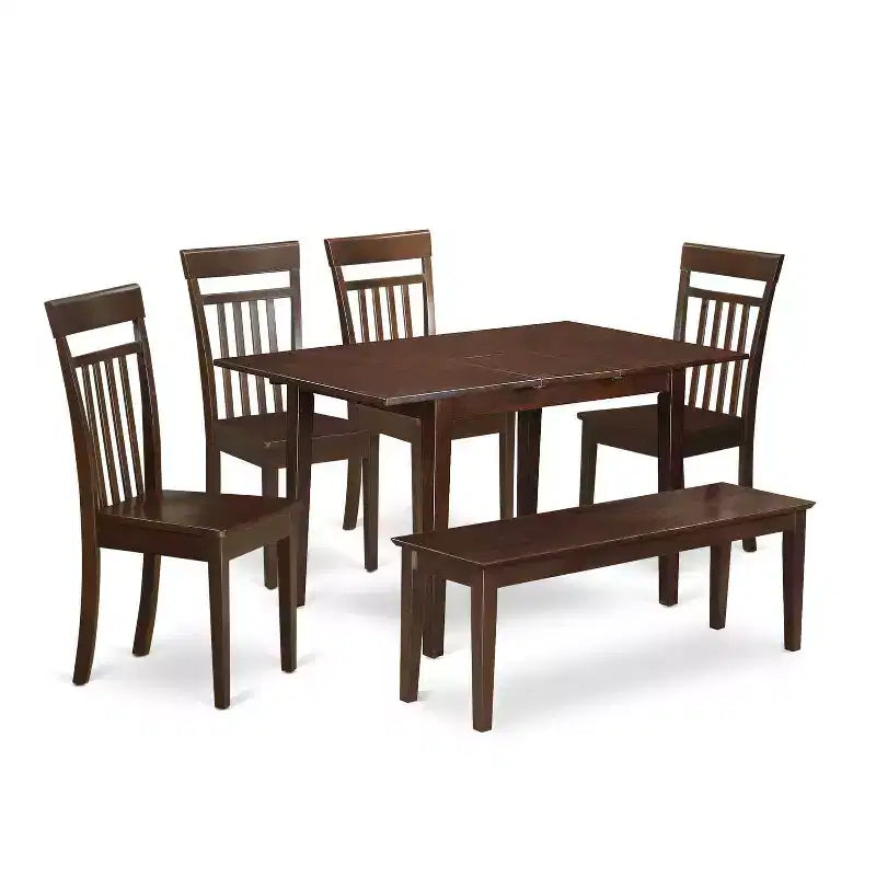 Small Space Dinette Set - 7 Piece Rectangular Table & 6 Chairs - Solid Wood Dining Set