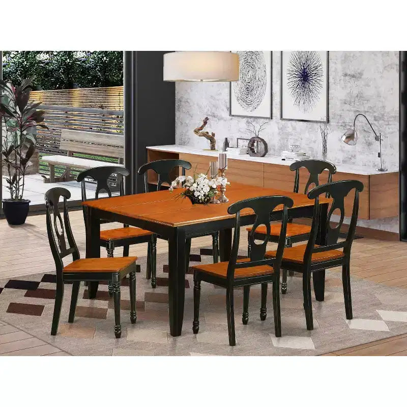 Table de salle à manger HomeStock 7 pièces avec plateau carré en bois massif finition noir et cerisier et 6 chaises