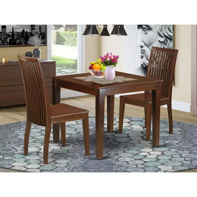 Ensemble de salle à manger 3 pièces – Table et 2 chaises – Meuble de salle à manger en bois – Accents antiques – Fini acajou