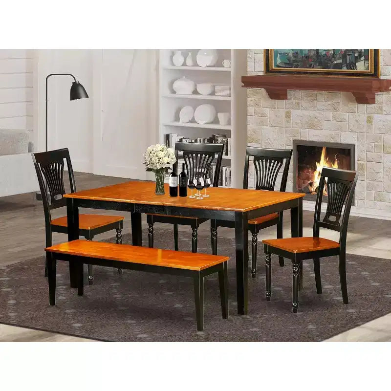 HomeStock Table de salle à manger 6 pièces rectangulaire avec plateau en bois massif finition noir et cerisier, 1 banc et 4 chaises