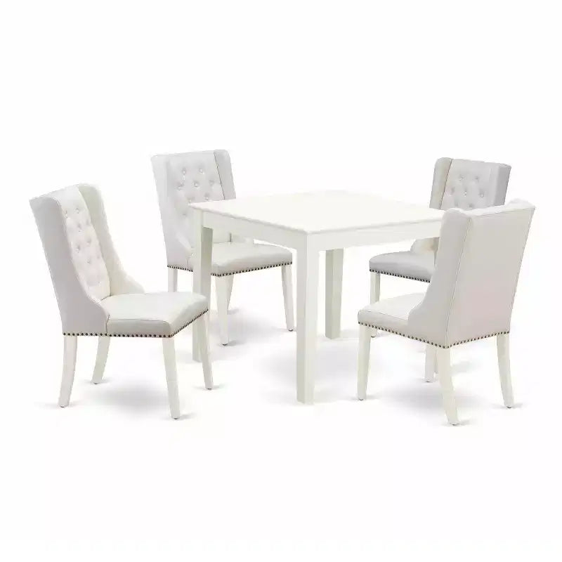 5-Piece Linen White Finish Solid Wood Top - Button Tufted Dining Room Set - Seats 4