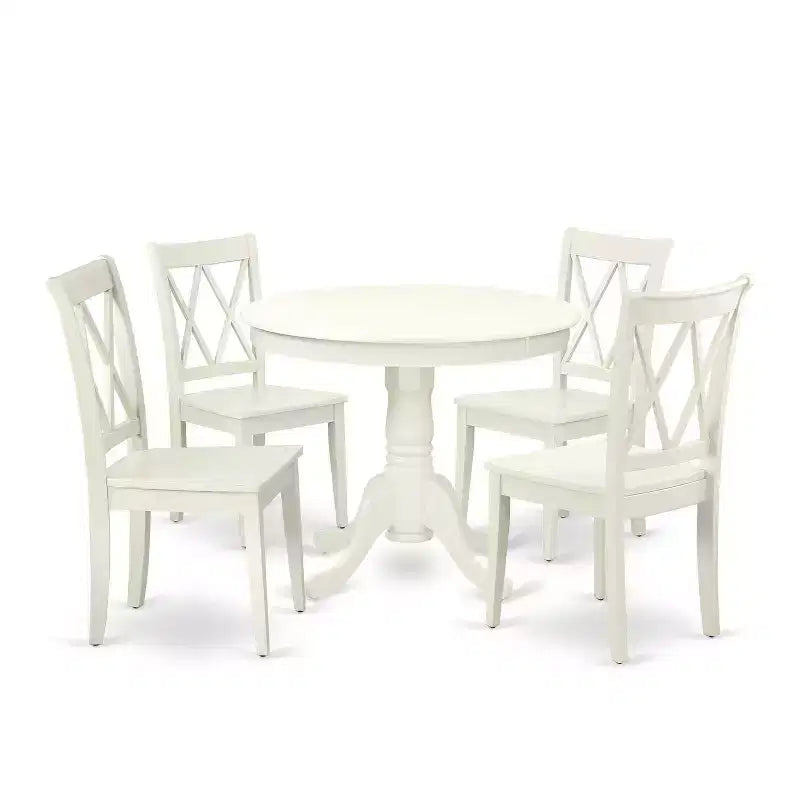 HomeStock 5-Pc Round Linen White Finish Solid Wood Top Dining table with 4 Chairs with Cross Back